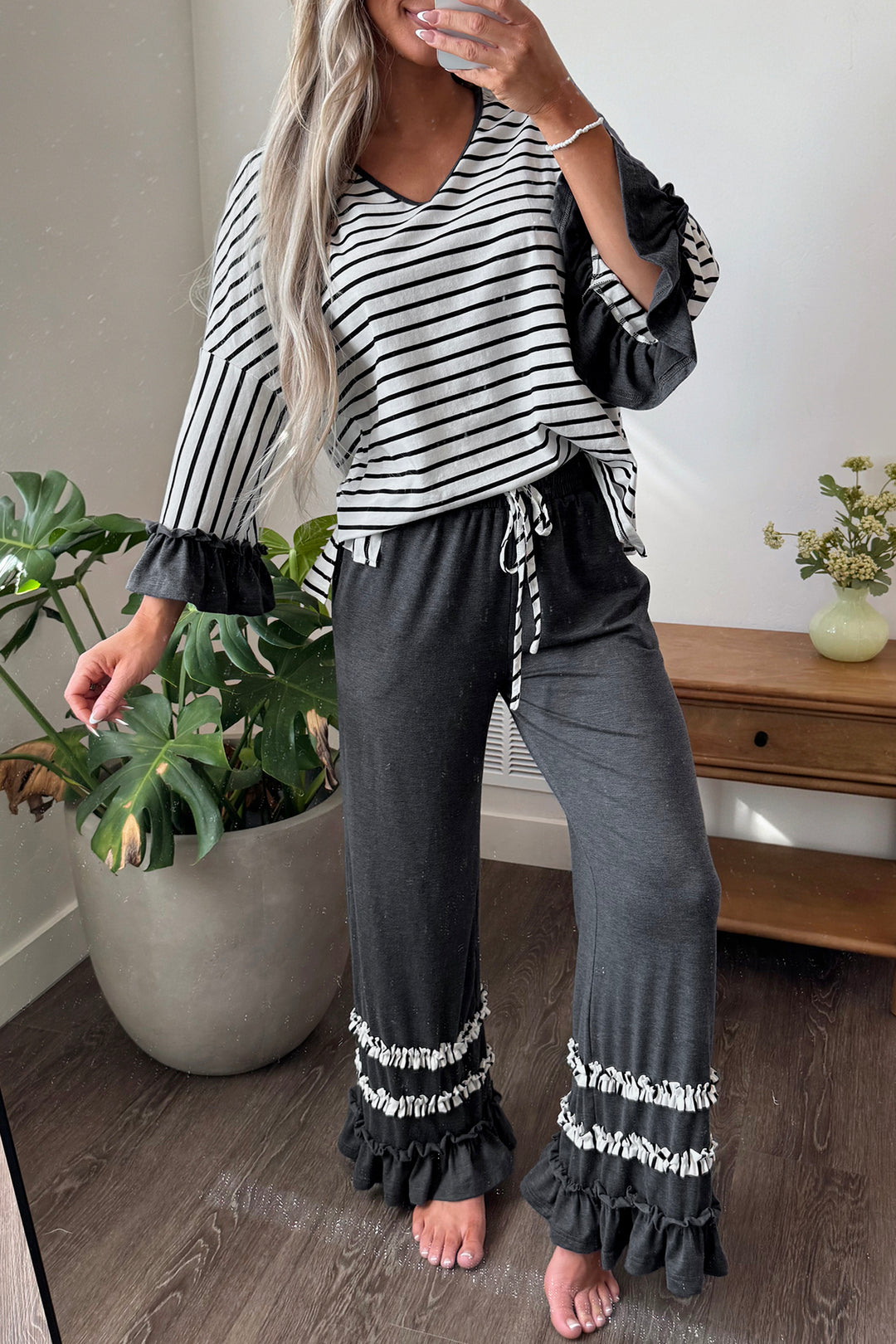 Gray Stripe V Neck Ruffle Contrast Sleeve Top Drawstring Pants 2pcs Set