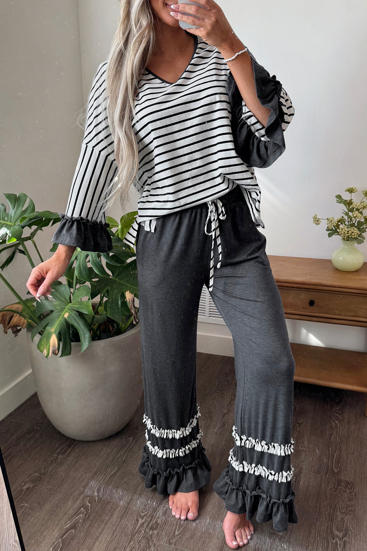 Gray Stripe V Neck Ruffle Contrast Sleeve Top Drawstring Pants 2pcs Set