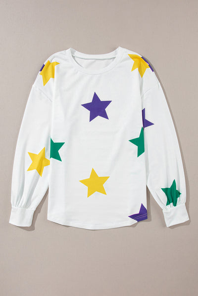 White Mardi Gras Star Printed Long Sleeve Top