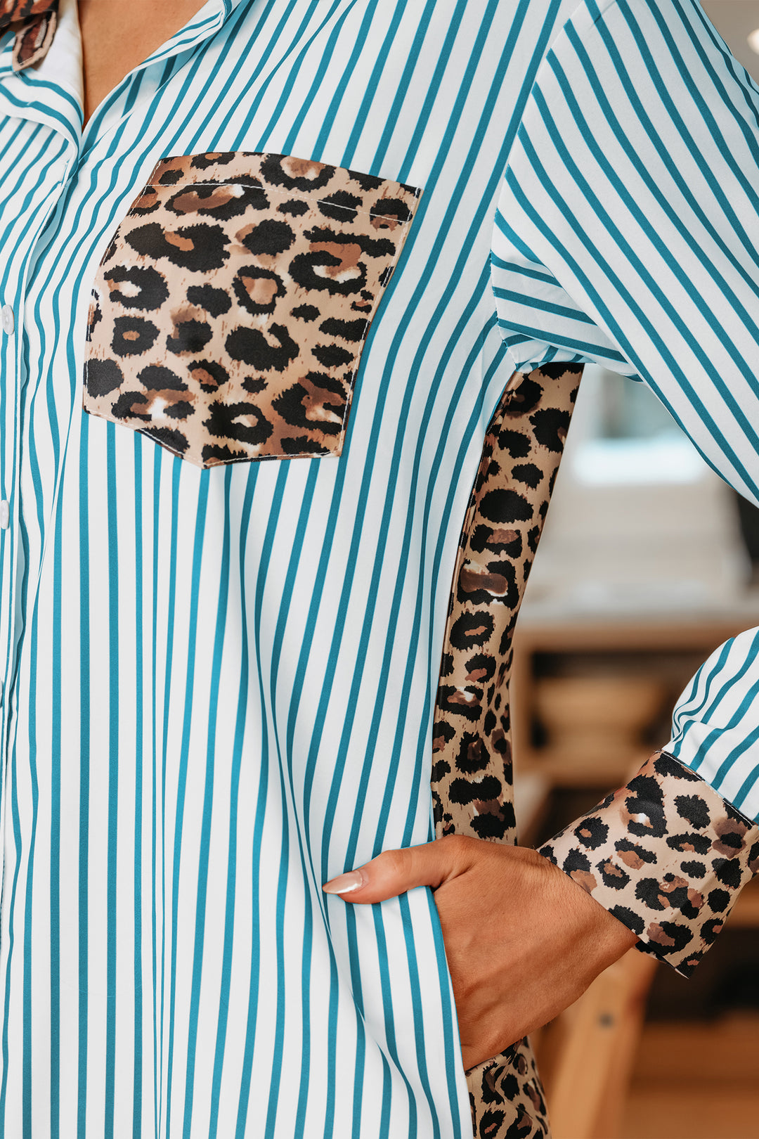 Sky Blue Stripe Contrast Leopard Patchwork Long Shirt Dress with Slits