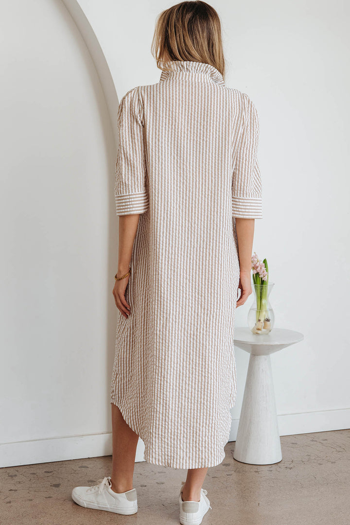 Khaki Stripe Frilled Collar Half Sleeve Shirt Maxi Dress