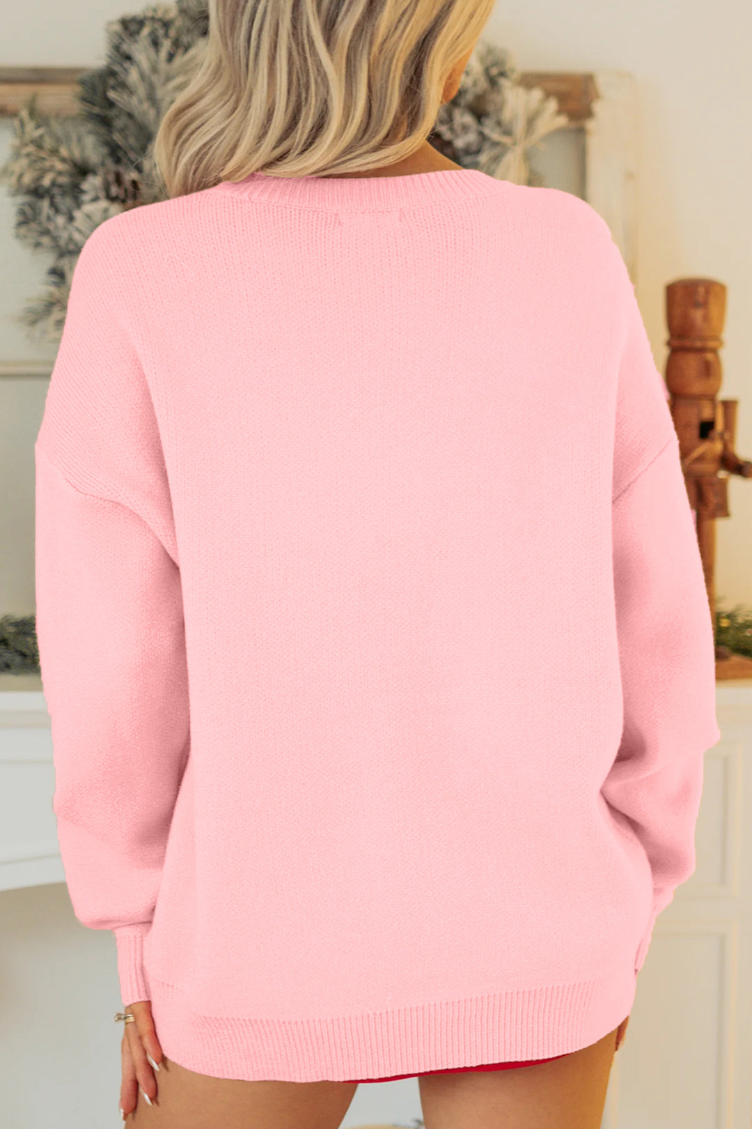 Gossamer Pink Drop Shoulder Round Neck Towel Embroidery Slogan Pullover Sweater