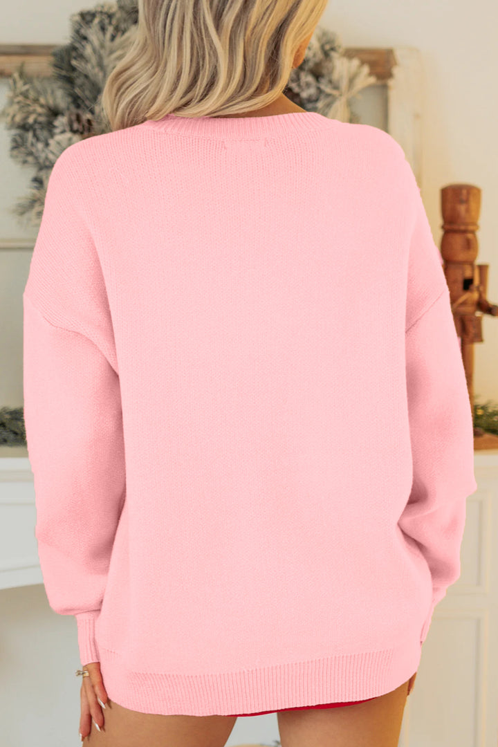 Gossamer Pink Drop Shoulder Round Neck Towel Embroidery Slogan Pullover Sweater
