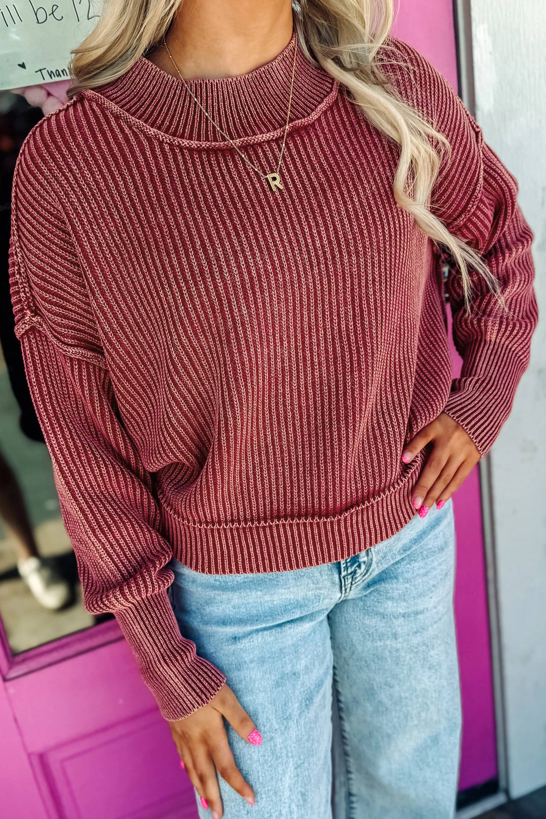 Red Dahlia Drop Shoulder High Neck Ribbed Sweater