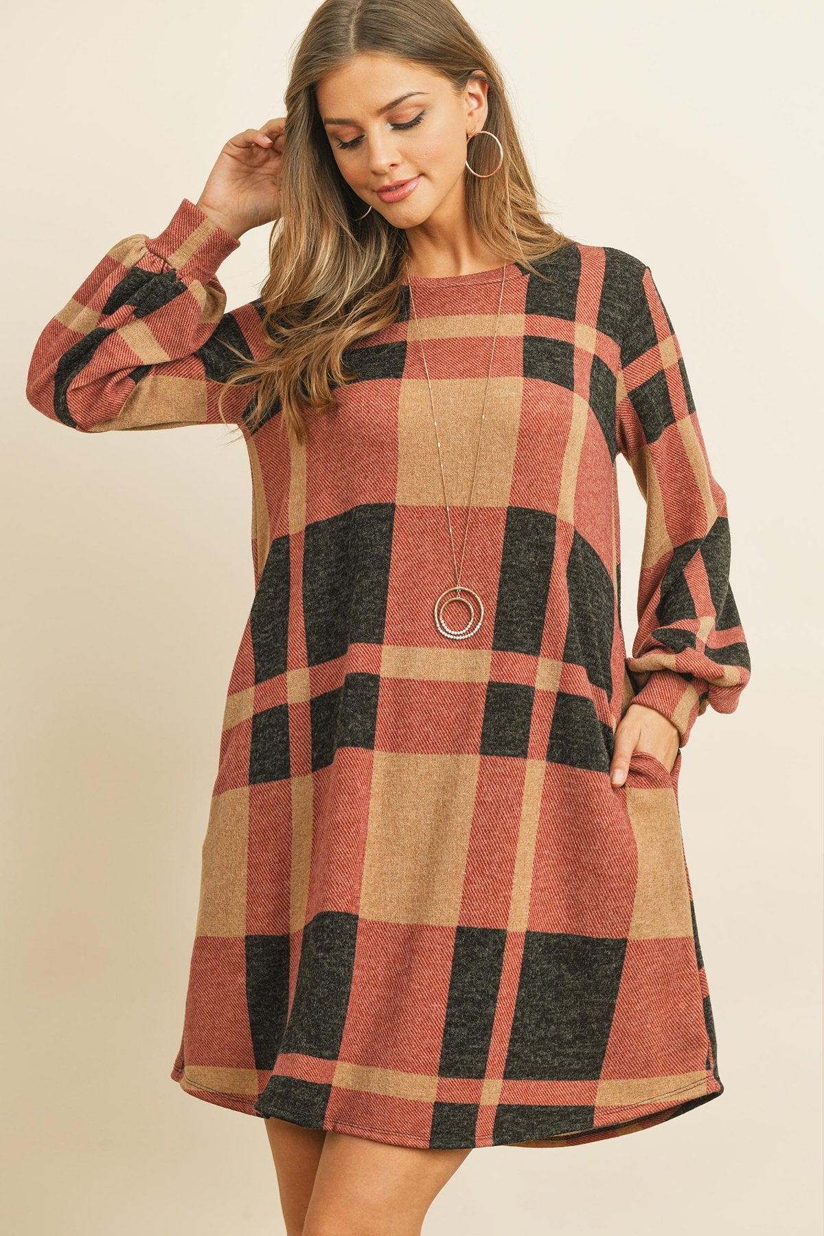 Round Neck Puff Sleeved Plaid Knee Length Dress