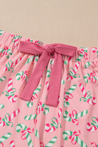 Pink Christmas Candy Cane Print Pocketed Knotted Pajama Set