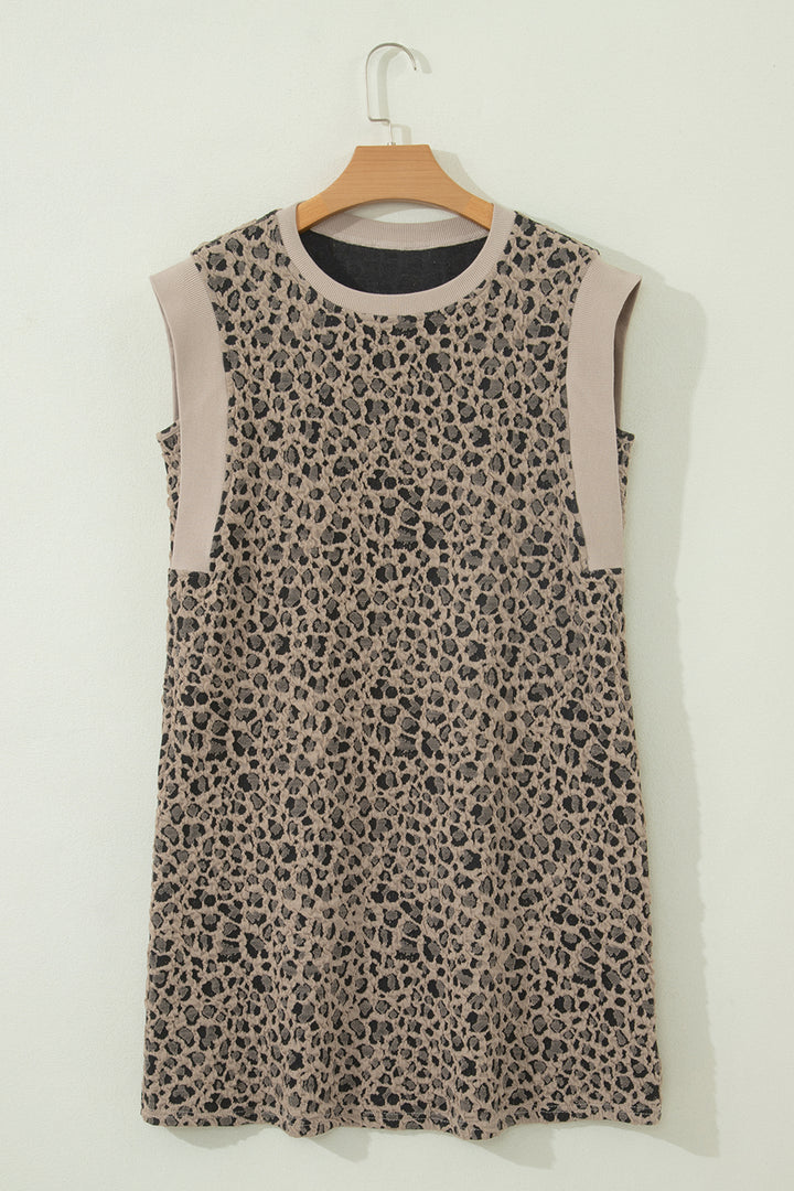Khaki Leopard Textured Sleeveless Mini Dress with Pockets