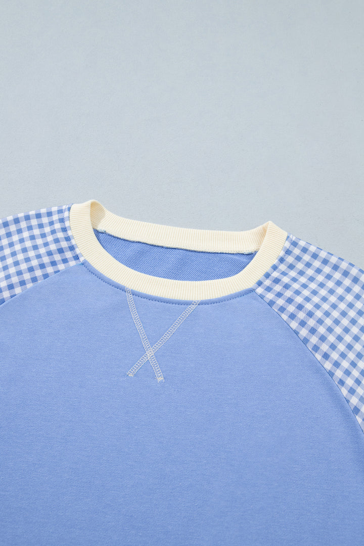 Beige Plaid Sleeve Colorblock Raglan Pullover Sweatshirt