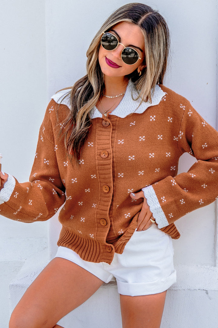 Russet Orange Peter Pan Collar Colorblock Long Sleeve Knitwear Cardigan