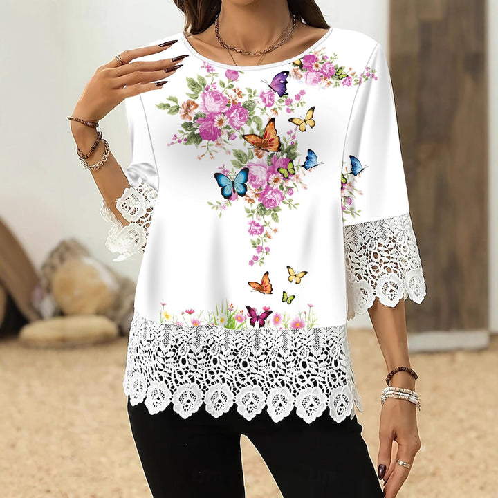 Printed Patchwork Three-Quarter Sleeve Top – Women&