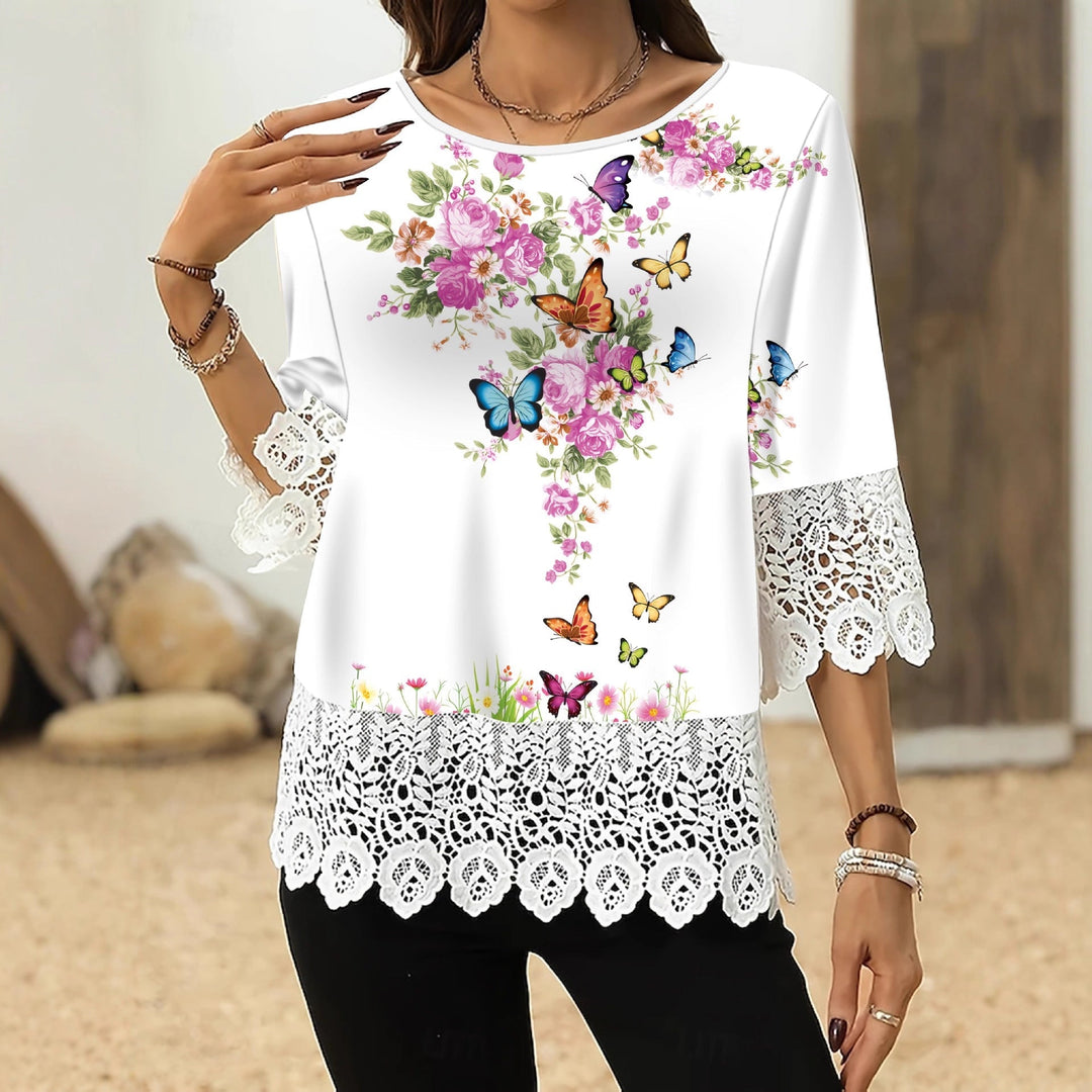Printed Patchwork Three-Quarter Sleeve Top – Women&