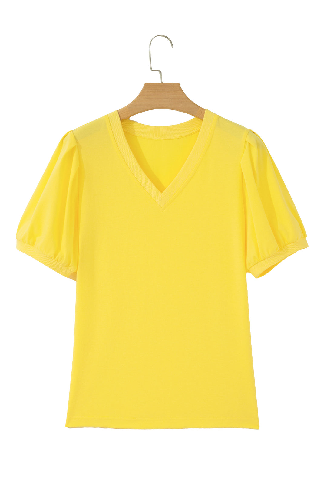 Yellow Solid Color V Neck Short Puff Sleeve Blouse