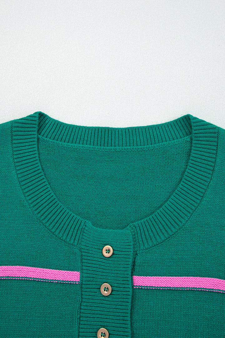 Green Stripe Half Buttons Drop Shoulder Plus Size Sweater