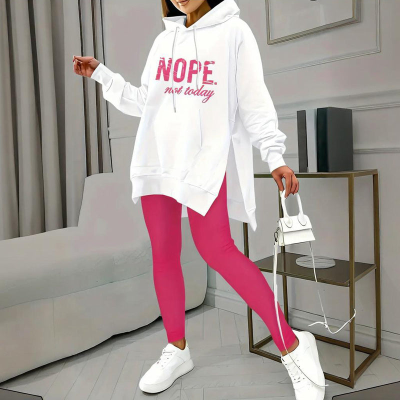 Casual 2-Piece Set Solid Color Leggings &amp; Letter Print Hooded Sweatshirt