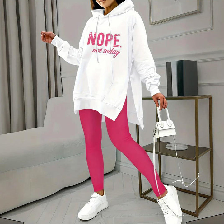 Casual 2-Piece Set Solid Color Leggings &amp; Letter Print Hooded Sweatshirt
