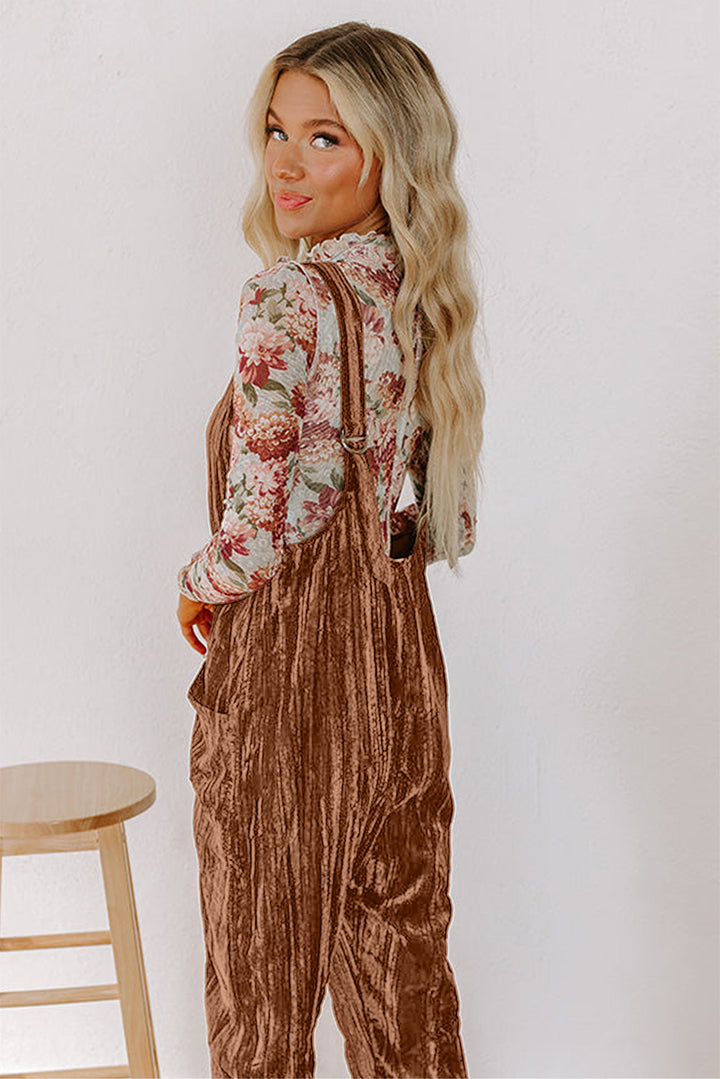 Chicory Coffee Velvet Adjustable Straps Patched Pocket Sleeveless Jumpsuit