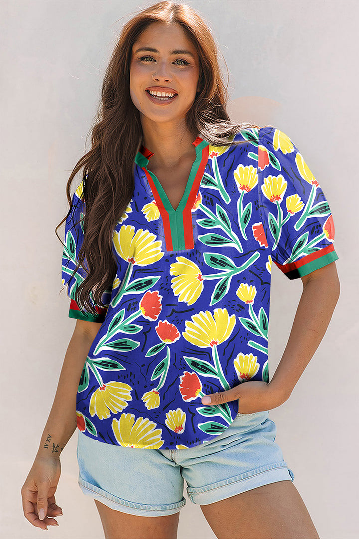 Blue Wild Floral Printed Contrast Striped Patchwork V Neck Short Sleeve Blouse
