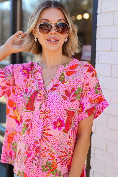 Rose Jungle Floral Print Notch V Neck Blouse