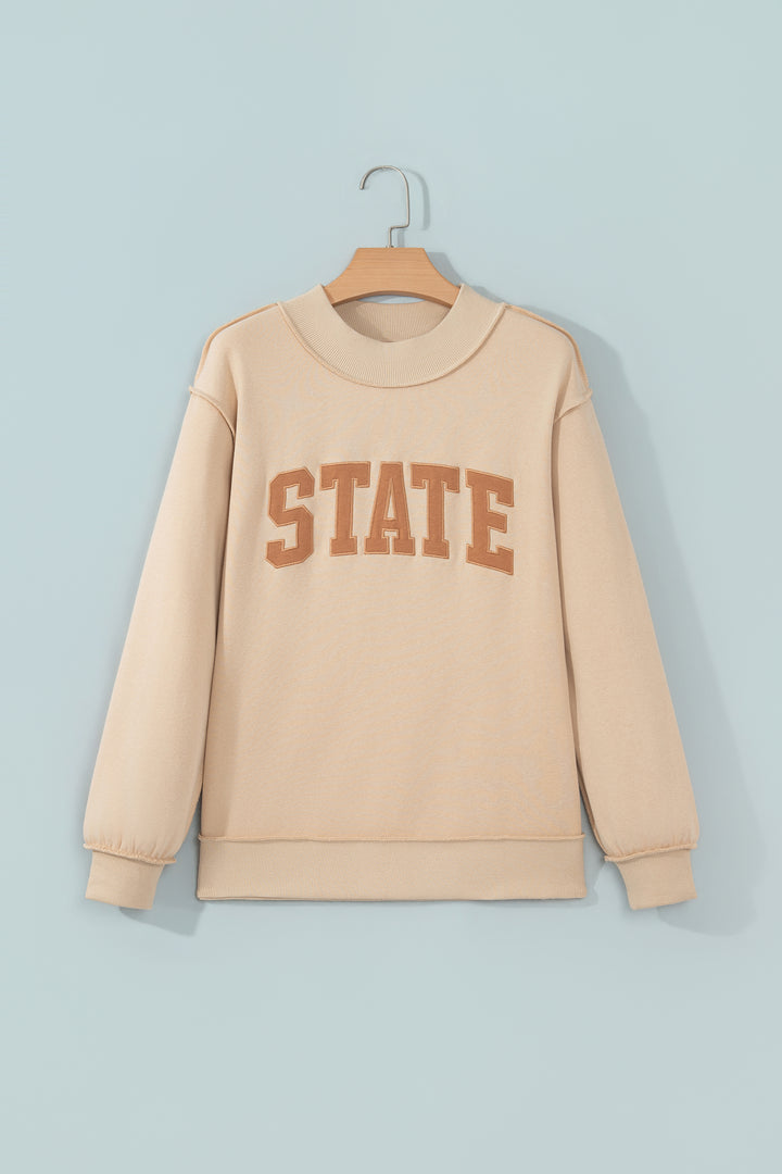 Coffee Exposed Seam Mock Neck STATE Letter Graphic Loose Sweatshirt