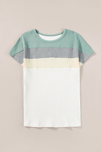 Moonlight Jade Ribbed Color Block Patchwork T-shirt