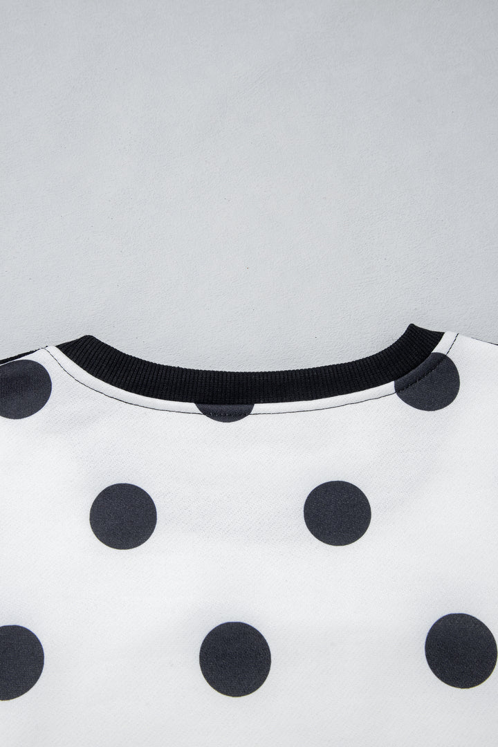 White Polka Dot Contrast Patchwork Round Neck Baggy Sweatshirt