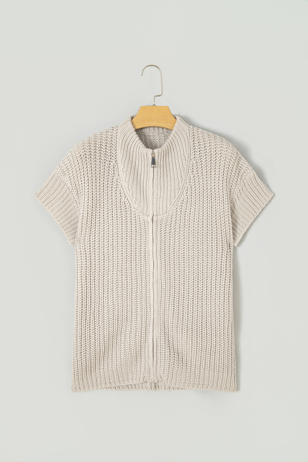 Jet Stream Solid Color Short Sleeve Zipper Knit High Neck Sweater