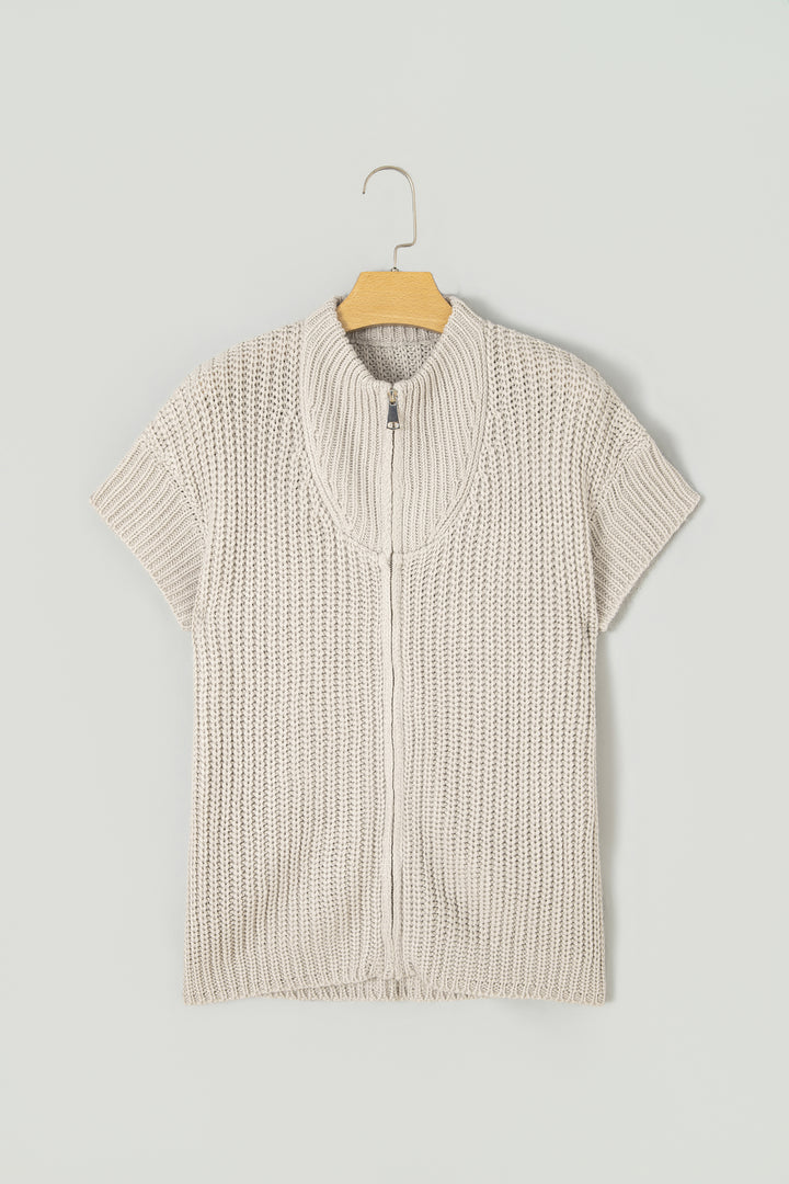 Jet Stream Solid Color Short Sleeve Zipper Knit High Neck Sweater