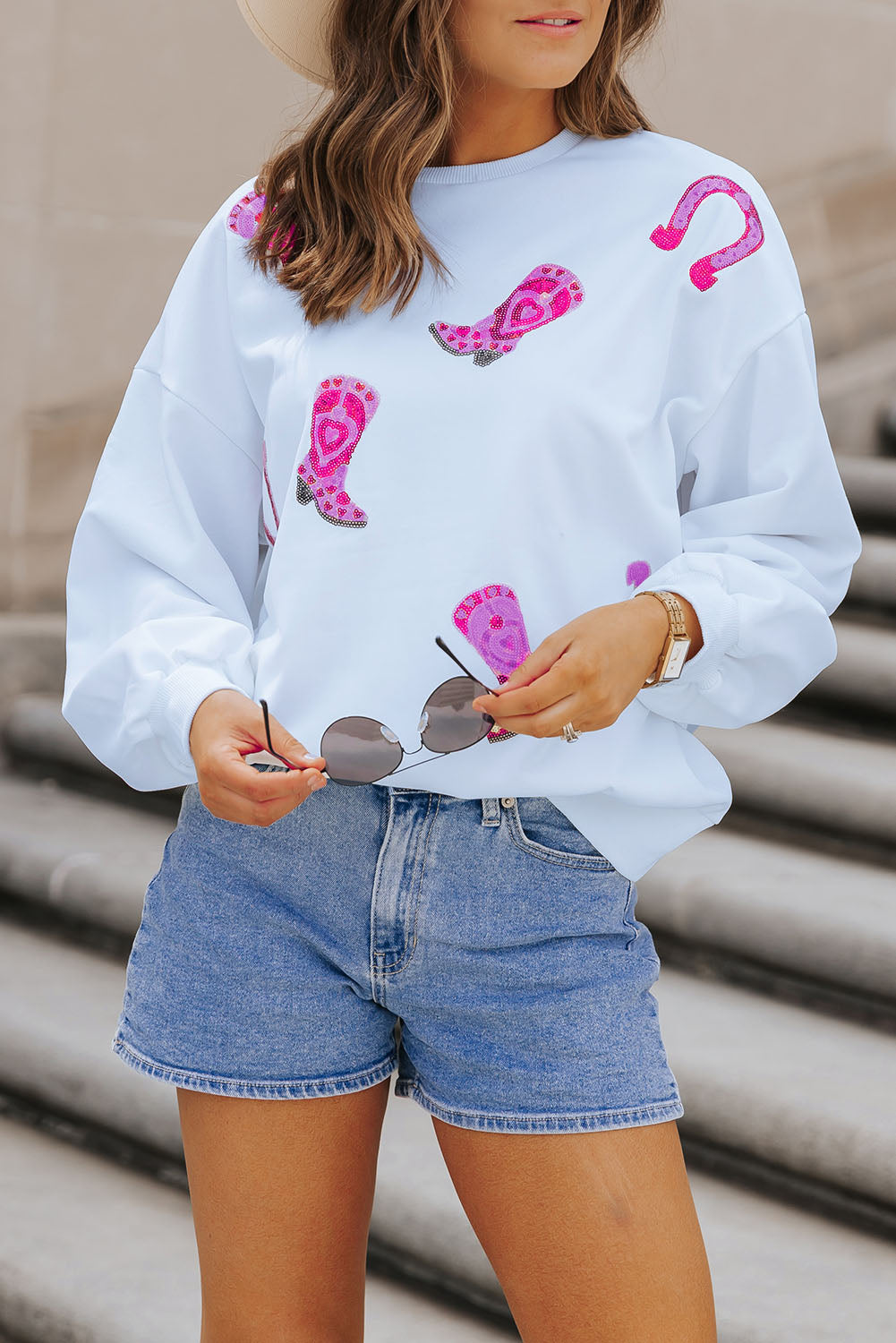 White Sequin Western Cowgirl Boots Graphic Sweatshirt