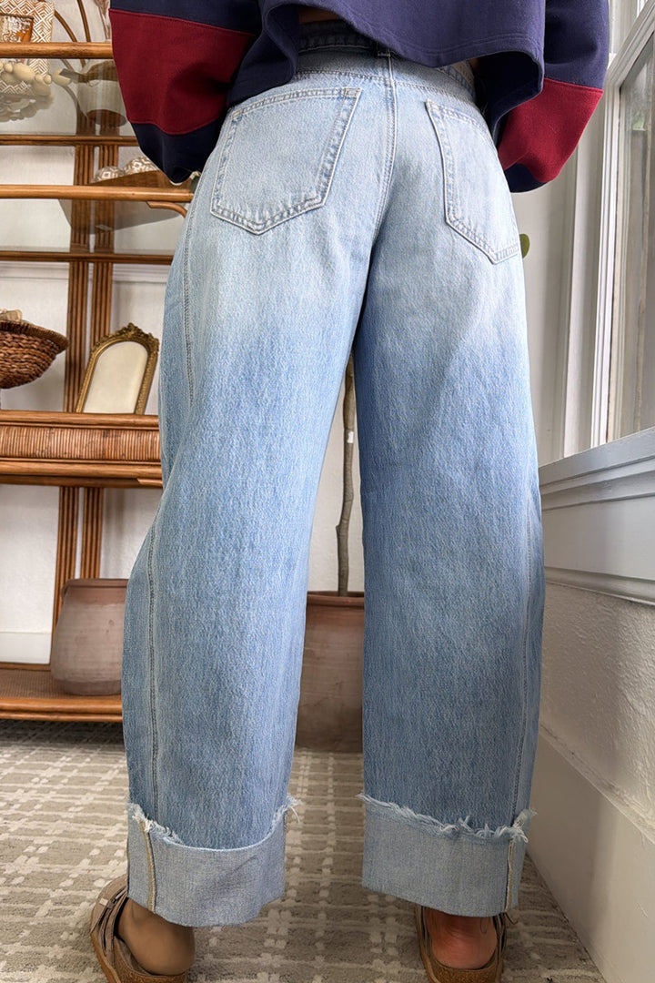 Sail Blue Raw Hem Turnup Loose Ankle-length Jeans