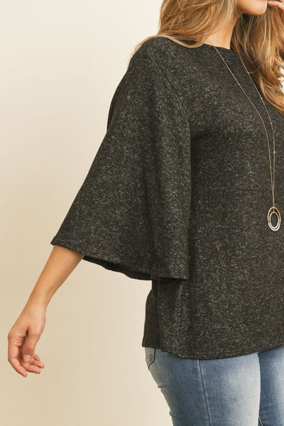 Boat Neck Bell Sleeve Solid Hacci Brushed Top