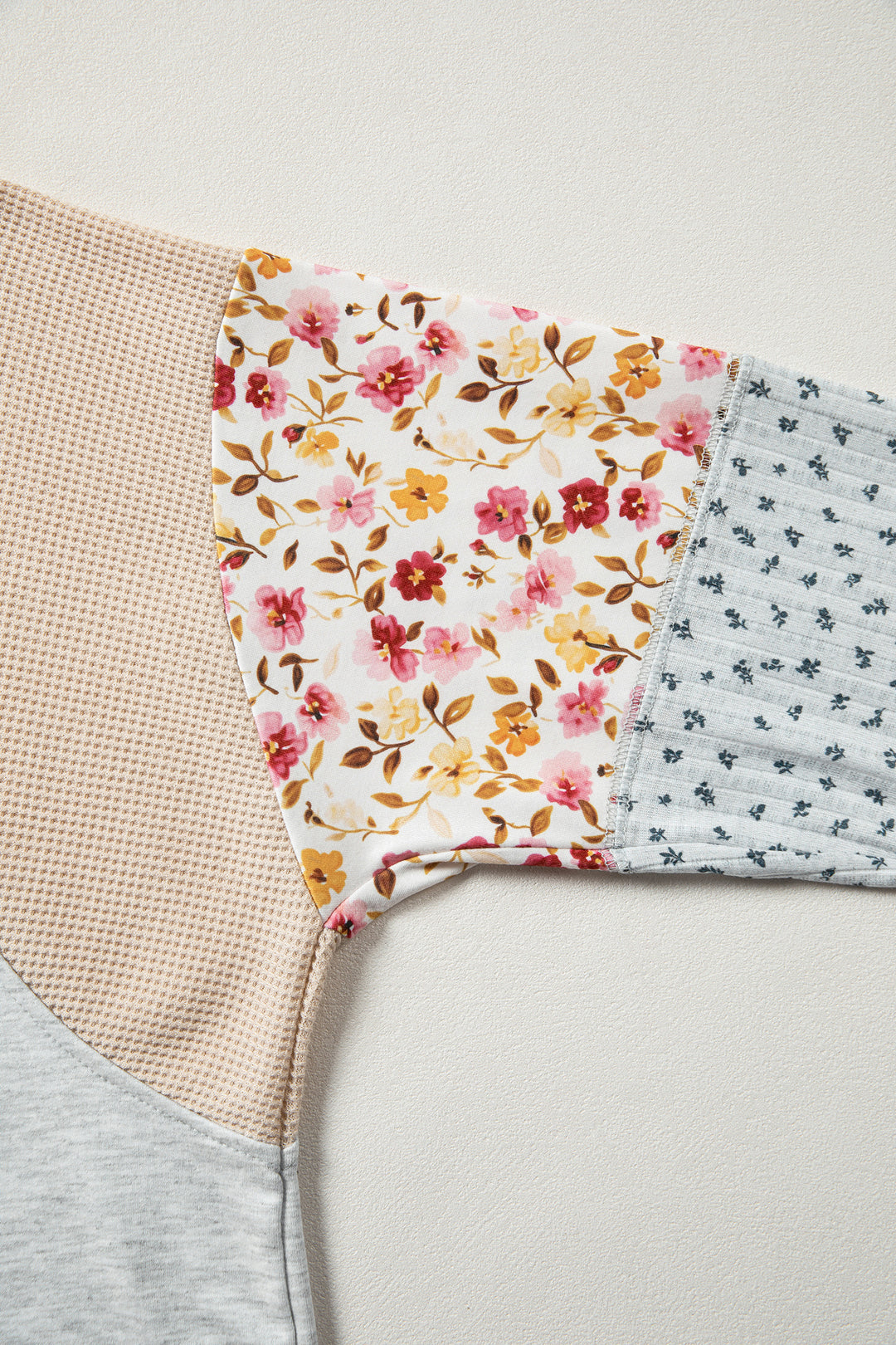 Light Grey Mixed Print Raglan Sleeve Patchwork Exposed Seam Pullover Top