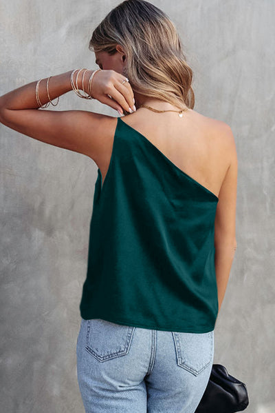 Sea Green Satin One Shoulder Loose Tank Top