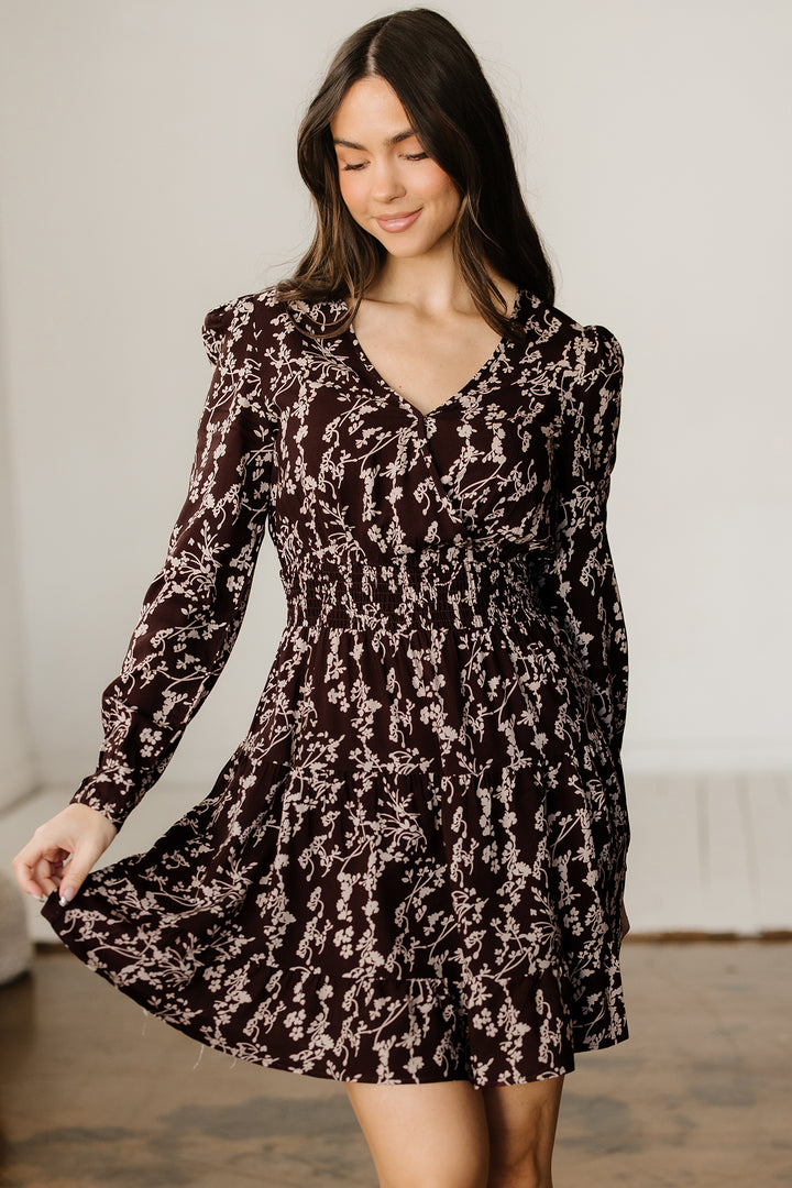 Brown Ditsy Floral Print Split Neck Long Sleeve Shirred Waist Flared Mini Dress