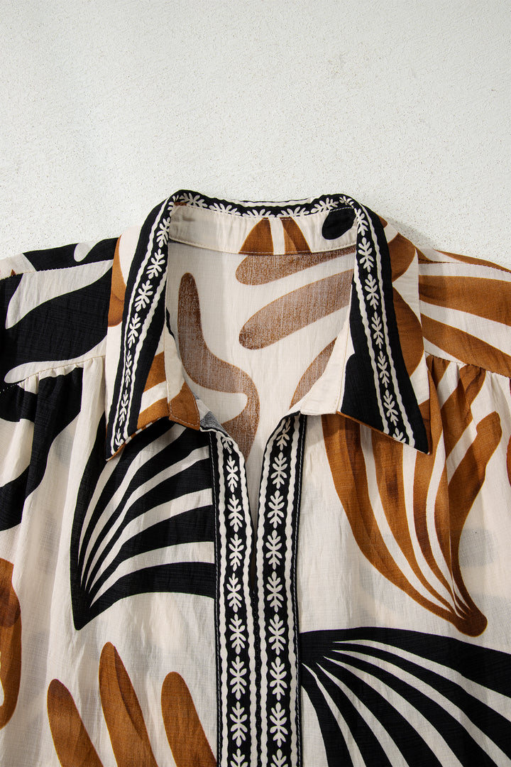 White Plus Size Abstract Print Contrast Collar Split Neck Shift Long Dress