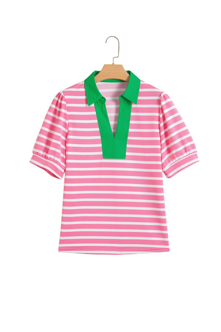 Blue Stripe Short Puff Sleeve Color Block Polo Collar Blouse