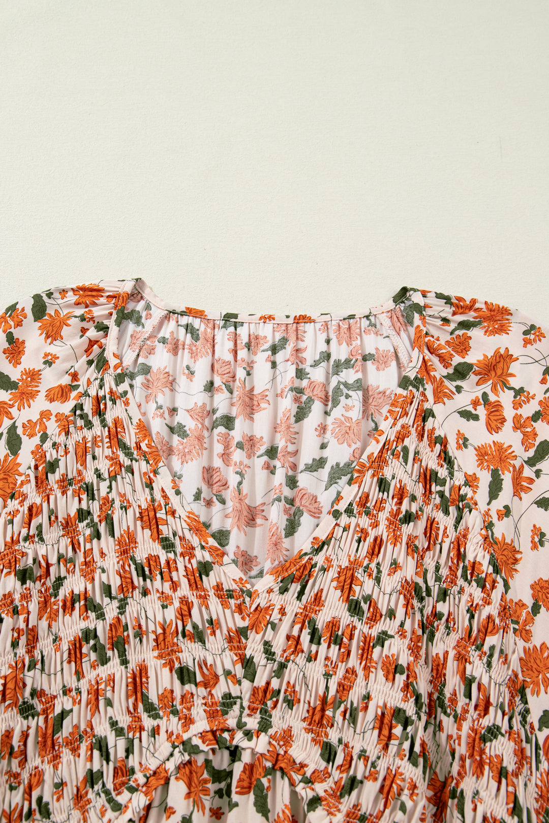 Beige Plus Size Floral Print V Neck Long Sleeve Babydoll Short Dress