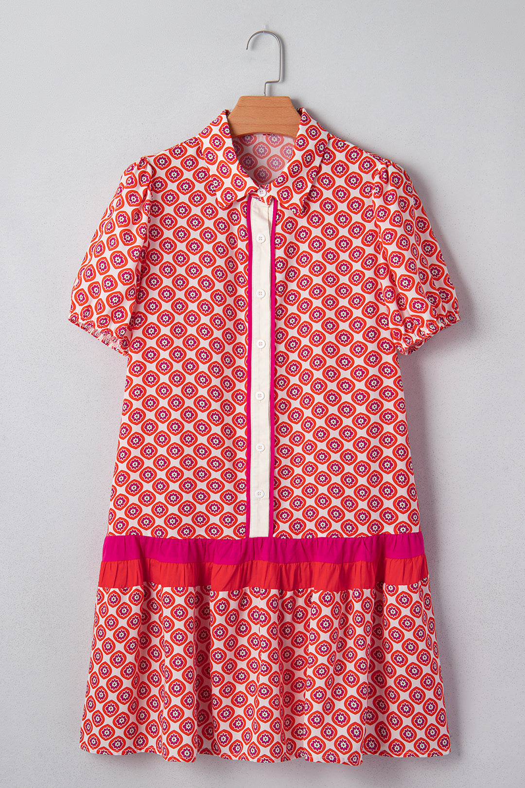 Orange Geometric Floral Print Color Block Trim Button Front Ruffle Hem Dress