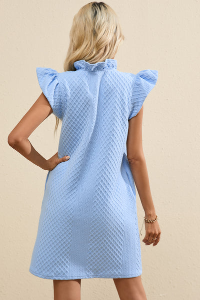 Light Blue Textured Puff Sleeve Ruffled V Neck Shift Mini Dress