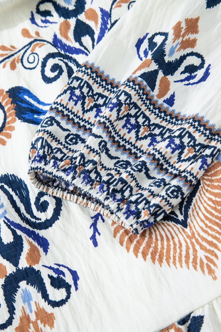 Sky Blue Plus Size Boho Print Split Neck Long Sleeve Mini Dress