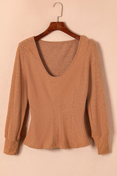 Brown U Neck Textured Long Sleeve Top