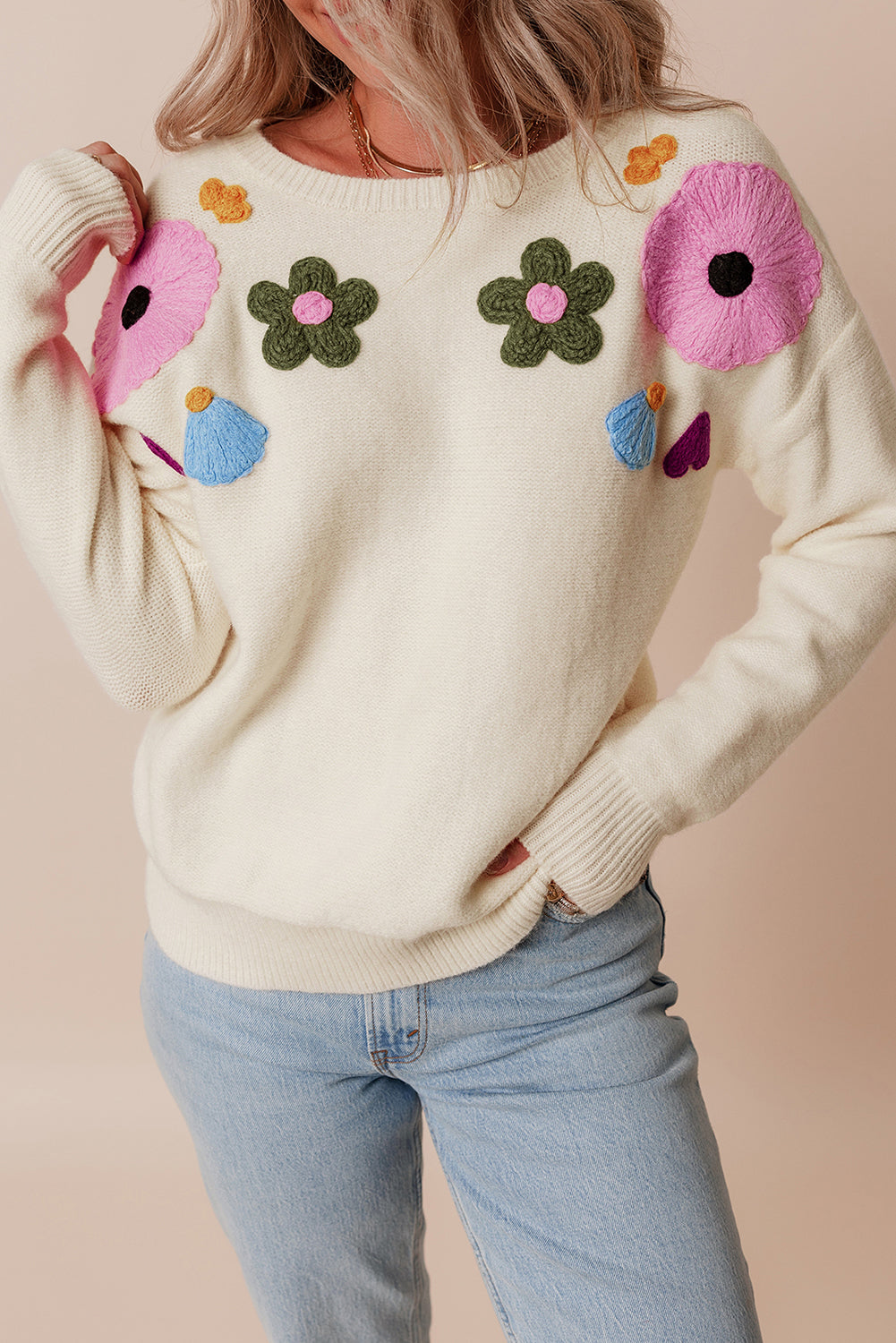 Light Blue Knitted Flower Pattern Ribbed Edge Sweater