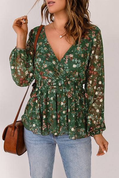 Green Floral Print Wrap V Neck Peplum Top