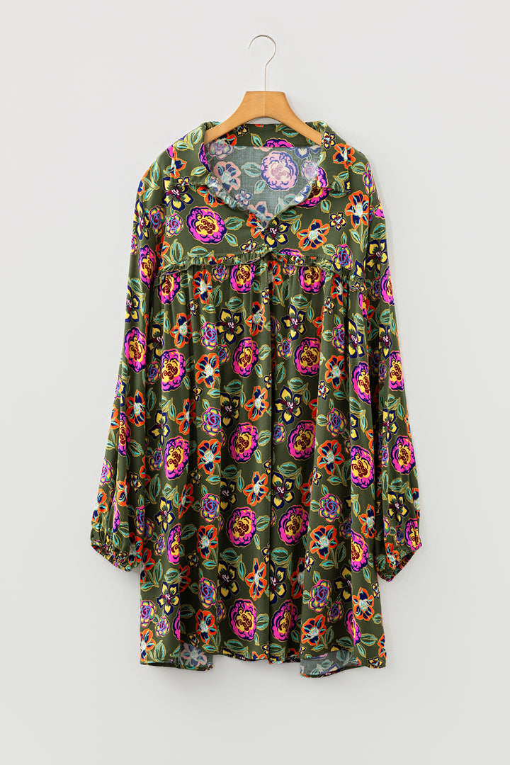 Green Plus Size Floral Print Collared V Neck Loose Mini Dress