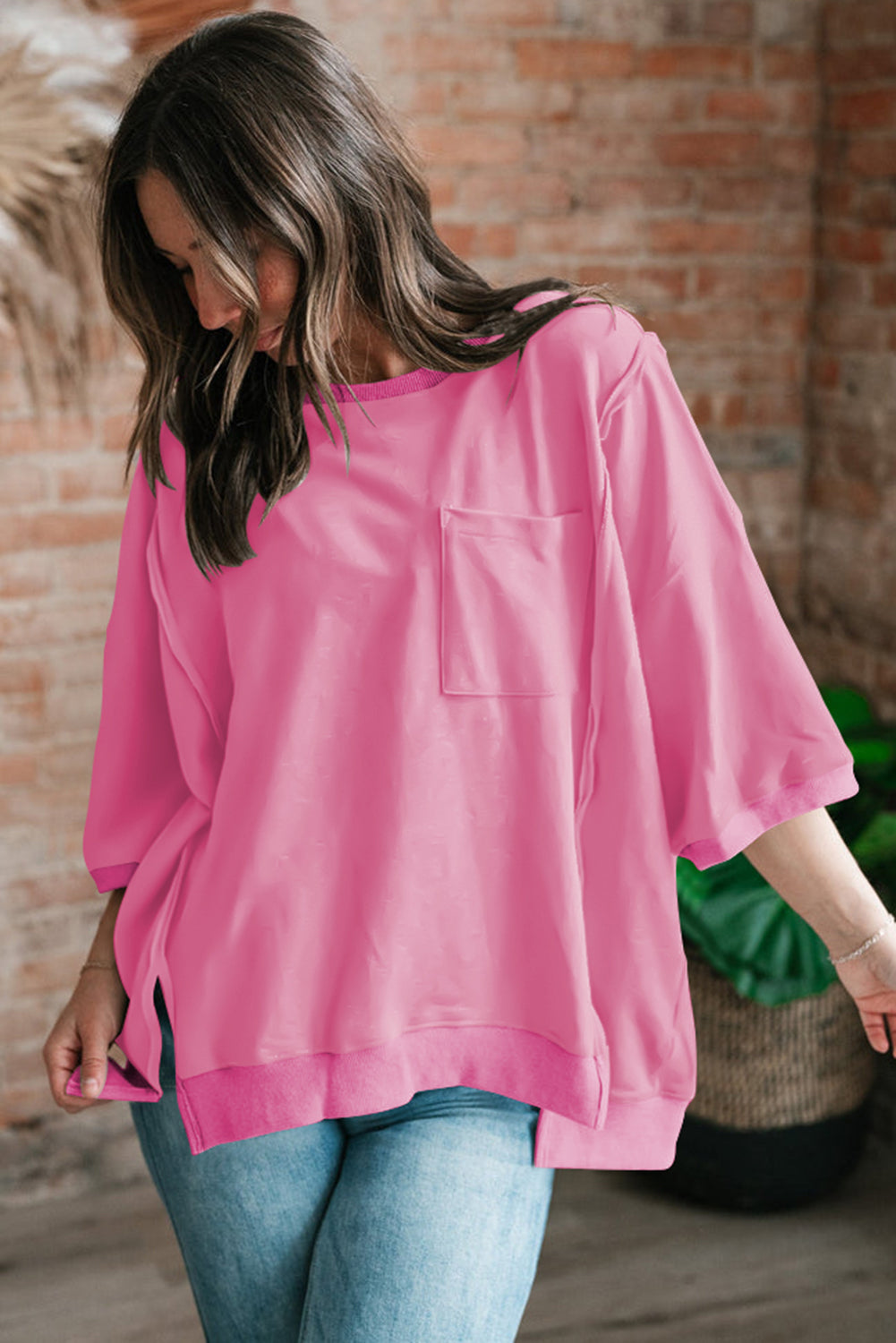 Bonbon Exposed Seam Chest Pocket Split Loose T Shirt