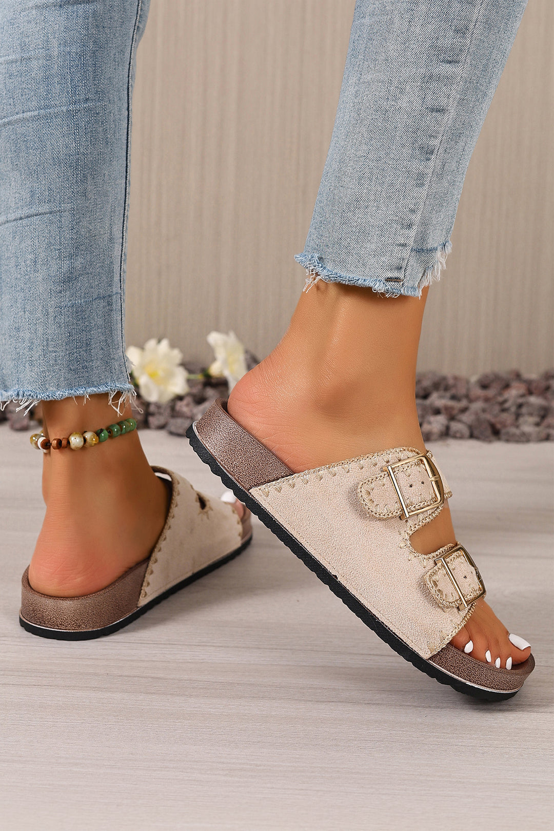 Black Embroidered Trim Retro Buckle Faux Suede Slippers
