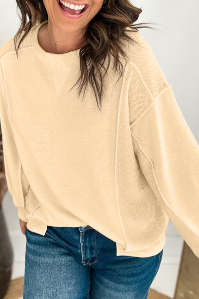 Beige Splicing Round Neck Pullover Sweatshirt