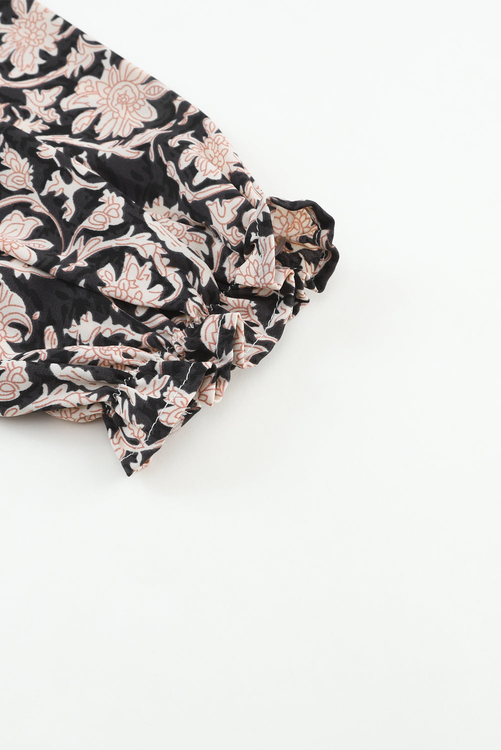 Black Floral Print Split Neck Pleated Puff Sleeve Blouse