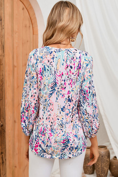 Blue Floral Print Puffy Sleeve Loose Blouse