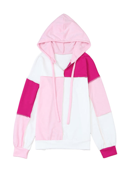 Pink Colorblock Exposed Seam Loose Sleeve Hoodie