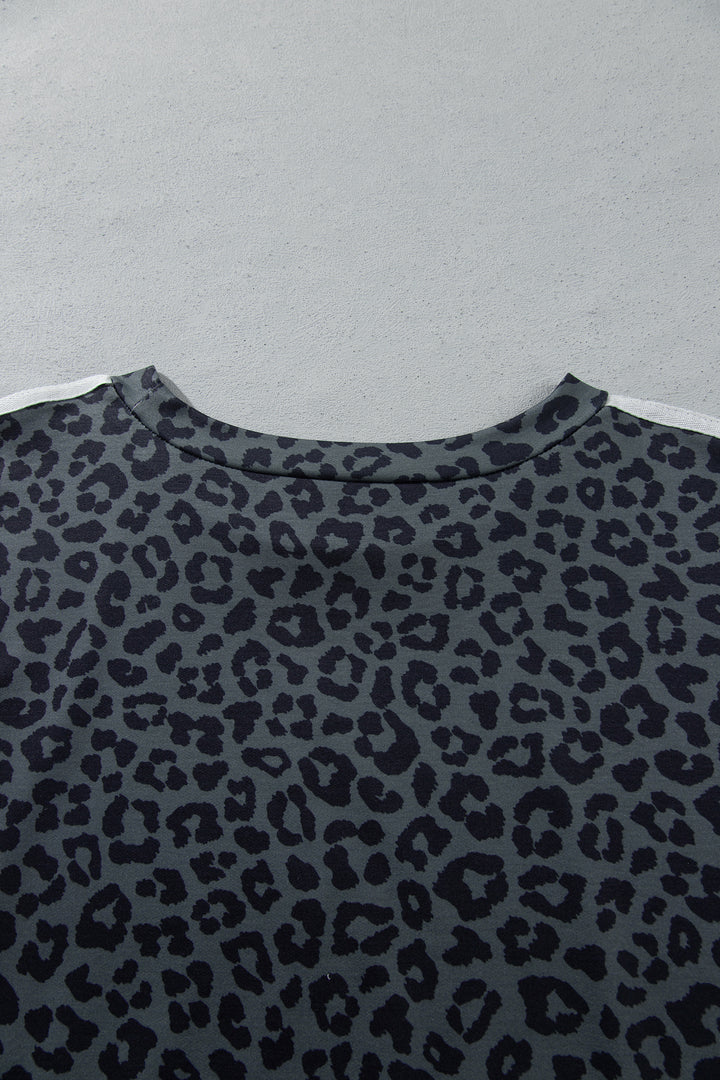 Gray Leopard Print Bracelet Sleeve Top Plus Size Loose Pants Set
